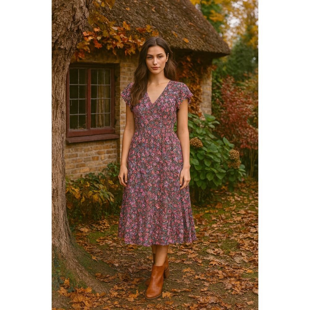 NWT J. Crew Women 8 Flutter Sleeve Tiered Midi Dress Floral Whimsical Cottage